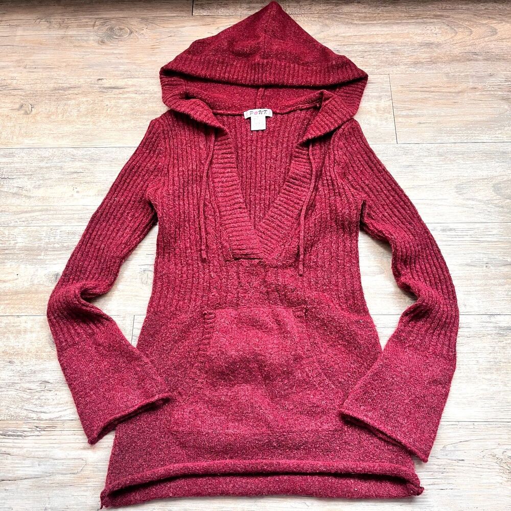 Y2K Hooded Sweater Red Ribbed Knit Pullover Womens Large Fits Medium Cozy